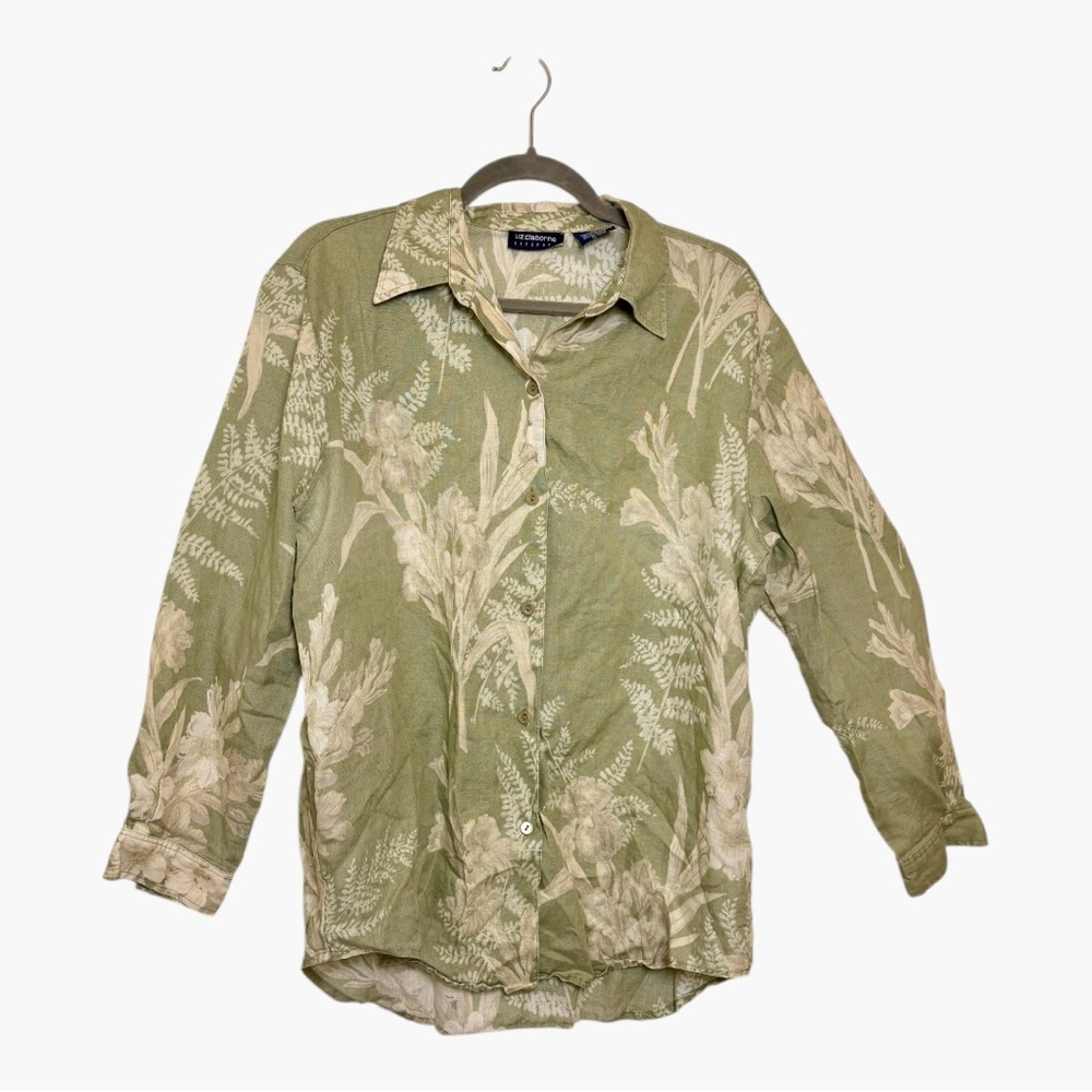 Liz Claiborne Liz Sport Green Linen Tropical Print Button Down Shirt Large
